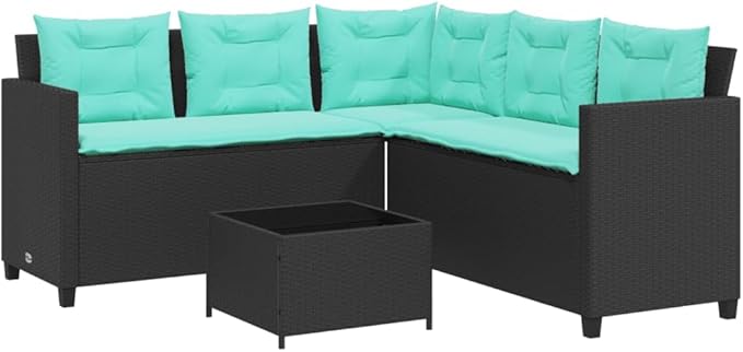 Patio Sofa with Table and Cushions, Patio Conversation Set Bistro Set Outdoor Dining Sets Front Porch Furniture for Negotiation Area Garden Poolside Exhibition L-Shaped Black Poly Rattan