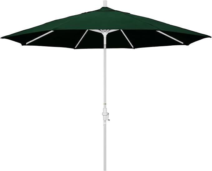 California Umbrella 11Ft Premium Sunbrella Patio Umbrella, Hand-Crank, Tilt-Collar, White Frame, Forest Green Fabric