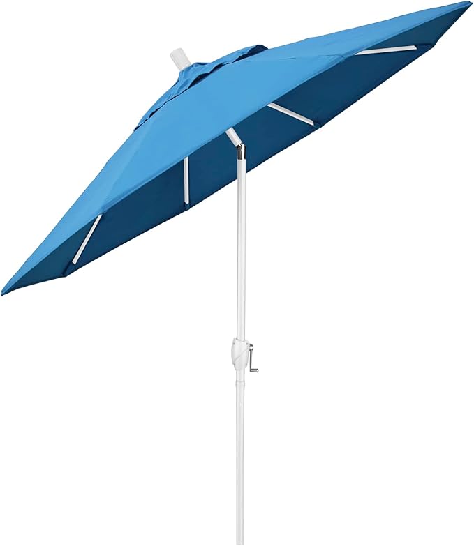 California Umbrella 7.5' Round Aluminum Market Umbrella, Crank Lift, Push Button Tilt, White Pole, Frost Blue Olefin