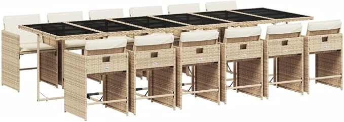 13 Piece Patio Dining Set with Cushions Beige Poly Rattan Outdoor Table and 12 Chairs for Backyard Garden Seating Space-Saving Foldable Furniture with Tempered Glass Top