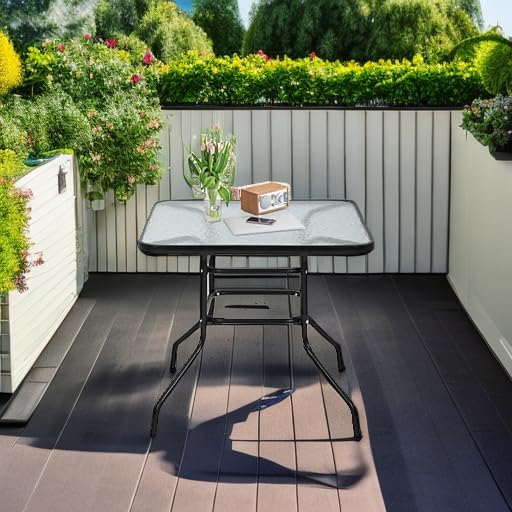 32" Square Outdoor Dining Table - Tempered Glass Top with Umbrella Hole,Weather-Resistant Metal Patio Table for Backyard,Poolside, Balcony, Garden - Black