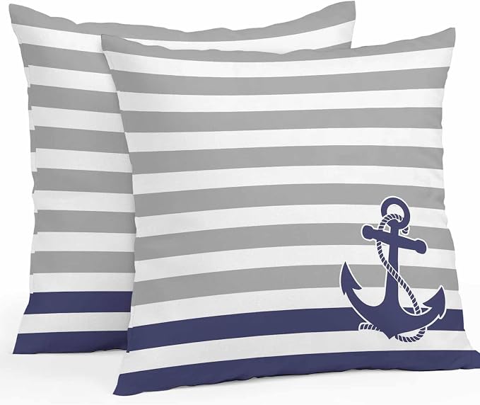 Throw Pillow Covers 24x24 Inch Set of 2, Anchor Gray Waterproof Outdoor Cushion Covers, Modern Navy Blue White Striped Nautical Decorative Pillowcases for Couch, Sofa, Bed, Garden, Patio