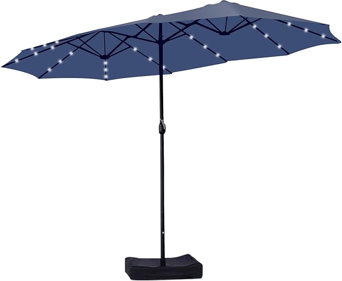 15ft Double Sided Patio Umbrella with Solar Lights, Outdoor Large Umbrellas with Crank Handle and 36 LED Lights, Rectangular Market Umbrella with Base Included for Deck Pool Shade (With Base)