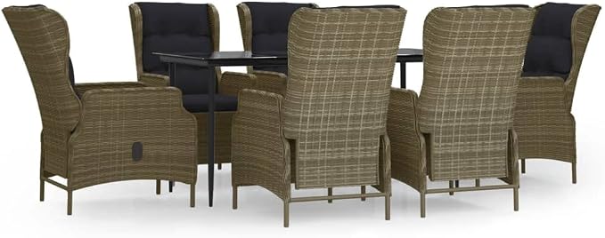 7 Piece Patio Dining Set Brown Poly Rattan Outdoor Rattan Dining Table with 6 Adjustable Backrest Chairs and Tempered Glass Tabletop for Garden Lawn Deck Patio Backyard, Black Cushion