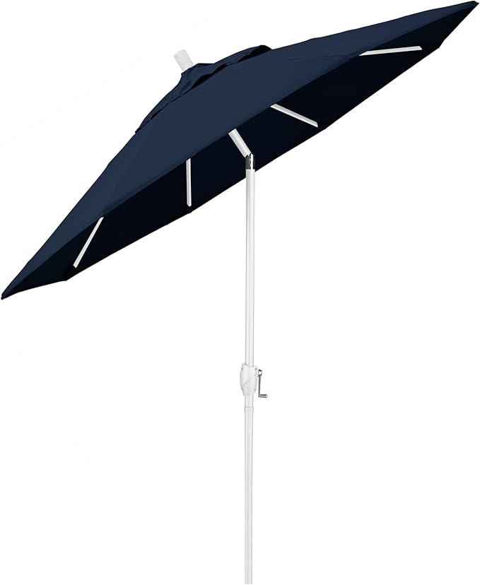 California Umbrella 9' Round Aluminum Market Umbrella, Crank Lift, Push Button Tilt, White Pole, Navy Blue Olefin