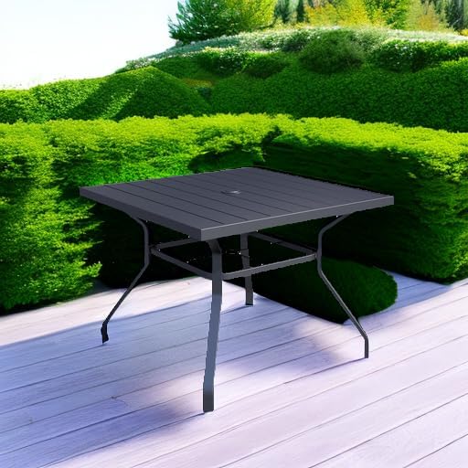 35" Square Metal Patio Dining Table with Slat Top and Umbrella Hole - Black | 35 inch Square Table, Slat Table Top, Black, Metal Top and Frame, 1.57 inch Umbrella Hole, 4 Person Use
