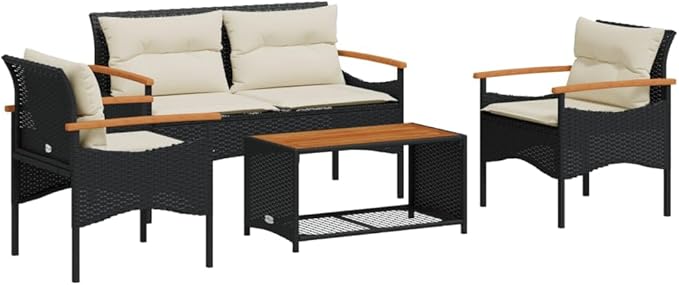 4 Piece Patio Sofa Set Black Poly Rattan Outdoor Conversation Set with Cream Cushions for Backyard Patio Balcony Porch