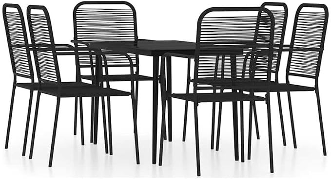 Afuera Living 7-Piece Outdoor Dining Set, Powder-Coated Steel Frame, Black Finish, Tempered Glass Table, Cotton Woven Seats, 55.1 in Table Length, Weather-Resistant Patio and Garden Furniture Set