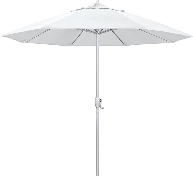 California Umbrella 12-Year Protection 9' Rd Aluminum Patio Umbrella, Crank Lift, Auto Tilt, White Finish, Sunbrella Natural