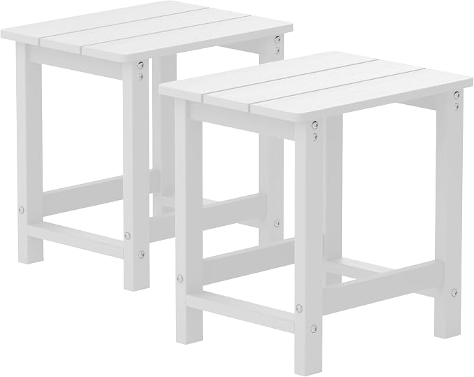 MXIMU Outdoor Side Table Set of 2: Heavy-Duty Sturdy Warp Resistant Adirondack Table - Wood Grain Finish Outdoor End Tables - Easy Assembly & Low Maintenance Patio Side Table White