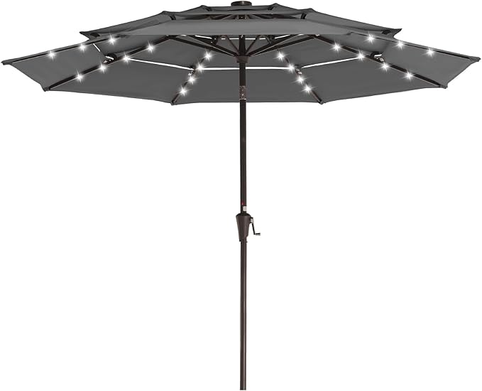 JEAREY 3 Tiers Patio Umbrella with Solar Lights 9ft Outdoor Market Table Umbrellas with Push Button Tilt for Outside Pool Garden, Gray