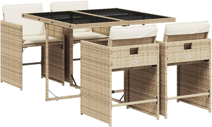 5-Piece Patio Dining Set with Cushions Beige Poly Rattan Outdoor Furniture Set for Backyard, Balcony, Porch - Tempered Glass Table & Foldable Chairs