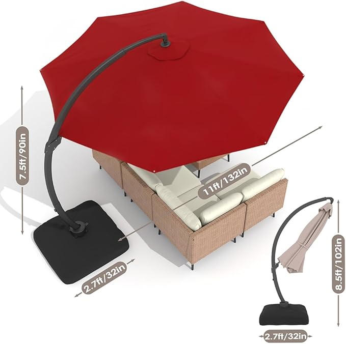 ENSTVER 11FT Cantilever Patio Umbrella With Base Included, Round Large Aluminum Outdoor Cantilever, Heavy Duty Offset Umbrella with 360°Rotation for Pool, Deck, Backyard, Garden(Red)