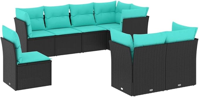 8 Piece Patio Sofa Set with Cushions, Front Porch Furniture Patio Conversation Set Sectional Sofa Outdoor Dining Sets for Garden Poolside Piazza Negotiation Area Black Poly Rattan
