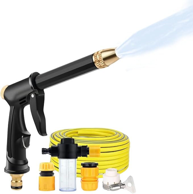 Sakerplus Multifunctional Car Wash Tool, 360° Adjustable Nozzle, High Pressure Water Hose Nozzle withTrigger Lock for Car Washing Patio Irrigation (H2 Long Spray Gun + 3 Connectors + 16.5FT(5m) Hose)