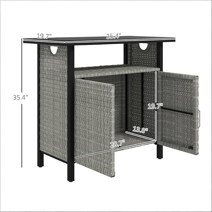 PE Rattan Outdoor Storage Box and Poolside Towel Cabinet, Weather-Resistant Wicker Deck Box with Wood Grain Steel Top and Open Shelf for Patio Organization, 35.4 x 19.7 x 35.4 Inches, Gray