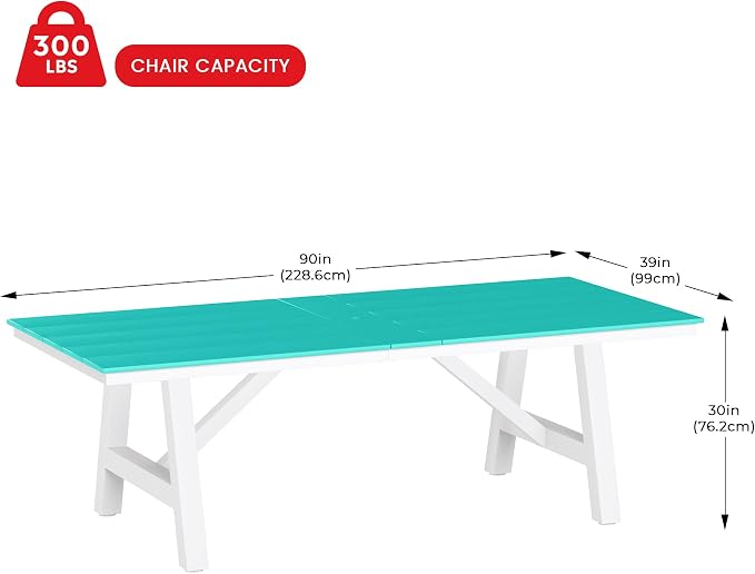 Costaelm Rectangle Patio Table, 8-Person Backyard Table 90" HDPE Dining Table with Umbrella Hole and Metal Frame for Outside, Garden, Poolside, Deck, Porch, Balcony, Turquoise