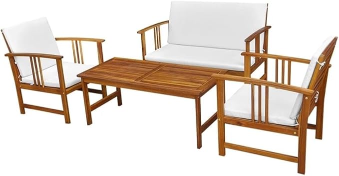 Afuera Living 4 Piece Solid Acacia Wood Patio Dining Set, Oiled Finish, Brown, Weather-Resistant Cushions, Rustic Design, Table, Bench, 2 Chairs, Outdoor Garden or Terrace Seating for 4