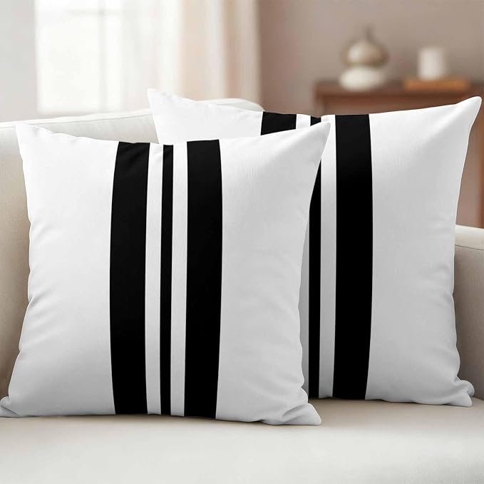 Black Stripes Outdoor Waterproof Throw Pillow Covers Set of 2, 24"x24", Festival Decorative Pillow Covers Outside Cushion Case for Patio Porch Garden