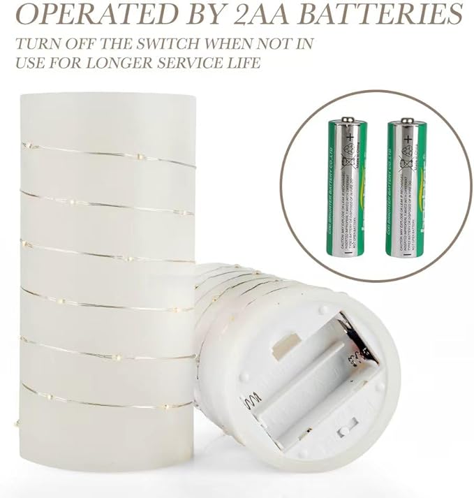 BeMoment Flickering Flameless Candles Ivory Real Wax Pillar with Embedded String Lights LED Candles Battery Operated Candle with Timer and Remote, for Bedroom, Wedding, Home Decor Set of 2 (3" x 6")