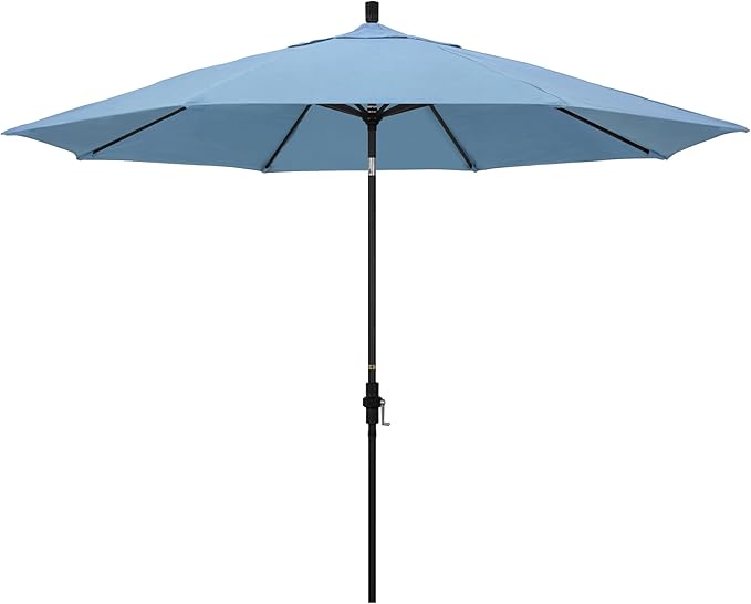 California Umbrella 11Ft Premium Sunbrella Patio Umbrella, Hand-Crank, Tilt-Collar, Black Frame, Air Blue Fabric