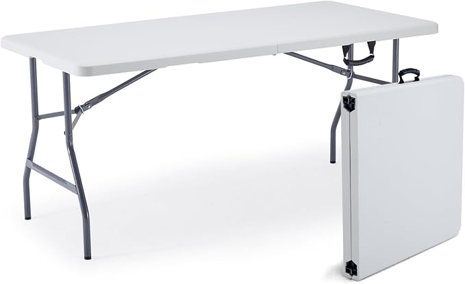 KAIHAOWIN Plastic Folding Table-5ft Fold in Half Picnic Table with Carrying Handle for Indoor Outdoor Camping Wedding Laundry Party-White