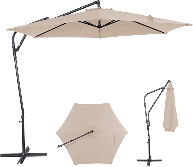 10FT Offset Patio Umbrella, Cantilever Hanging Umbrella with Infinite Tilt, Fade-Resistant Water-Repellent Canopy & Cross Base for Yard, Garden & Deck