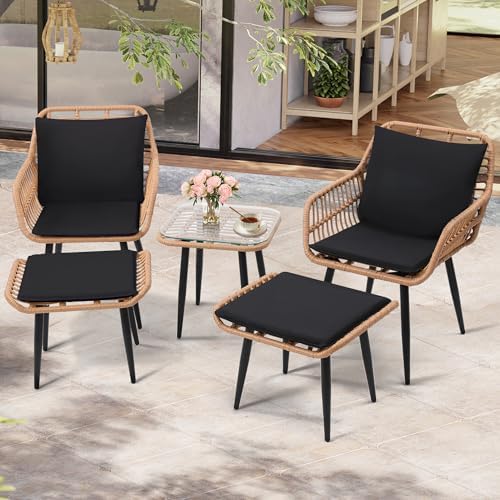 5-Piece Wicker Patio Furniture Set - 2 Chairs, 2 Ottomans & Side Table - Stylish, Durable Outdoor Seating for Porch, Balcony, Deck & Backyard - Natural Finish