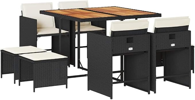 9 Piece Garden Dining Set with Cushions, Outdoor PE Rattan Patio Furniture Sets for 8 People, Space Saving Sectional Conversation Set for Backyard, Deck and Terrace, Black and Cream White