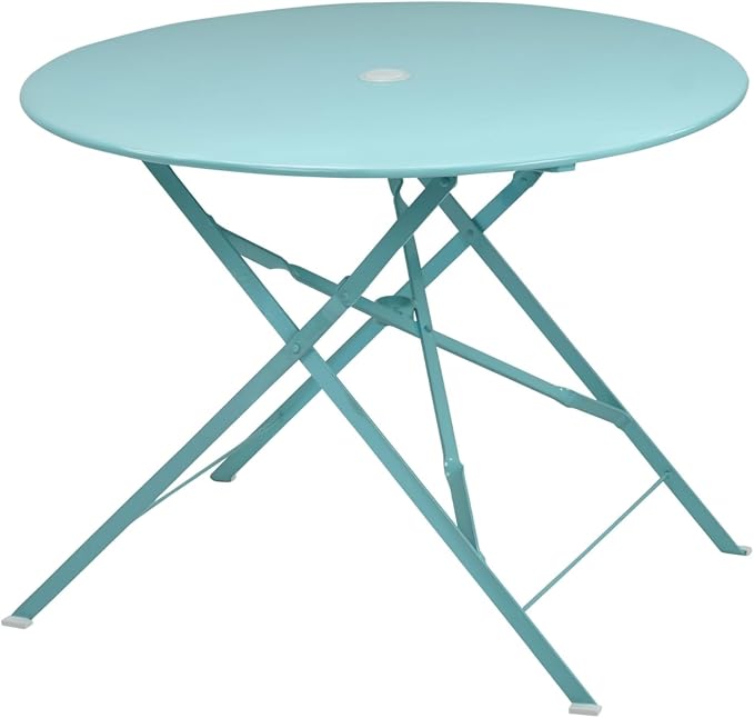 Carolina Chair & Table Round Folding Outdoor Bistro Table with 2" Umbrella Hole - Space Saving Fold Flat Design, Powder Coated Steel Patio Dining Table - Weather Resistant Garden Furniture(Teal,36")