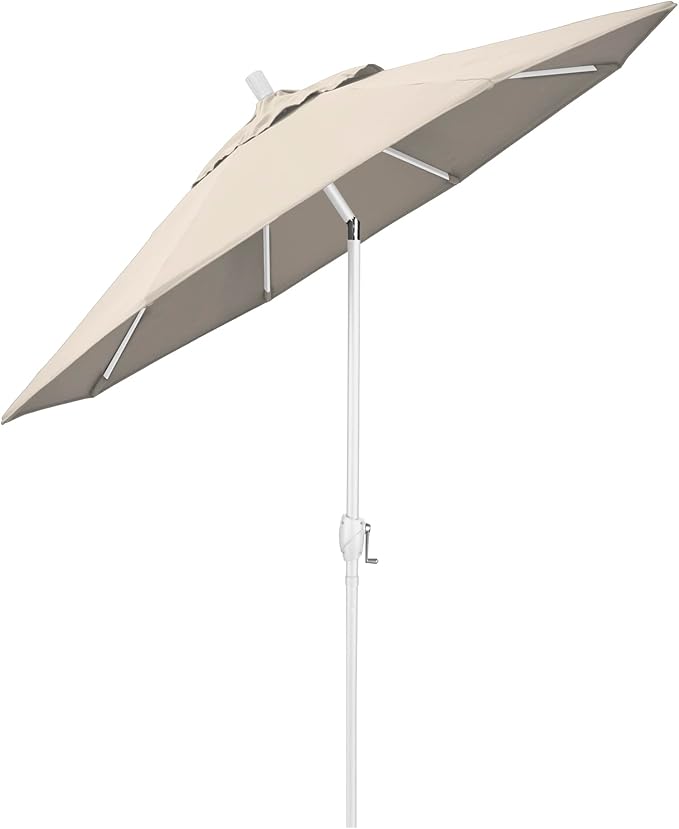 California Umbrella 9' Round Aluminum Market Umbrella, Crank Lift, Push Button Tilt, White Pole, Antique Beige Olefin