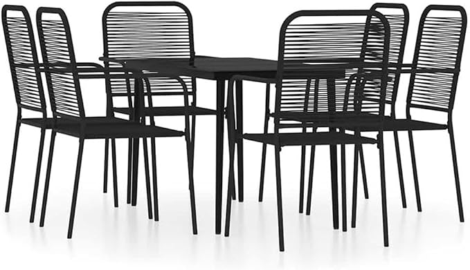 Afuera Living 7-Piece Outdoor Dining Set, Powder-Coated Steel Frame, Black Finish, Tempered Glass Table, Cotton Woven Seats, 55.1 in Table Length, Weather-Resistant Patio and Garden Furniture Set