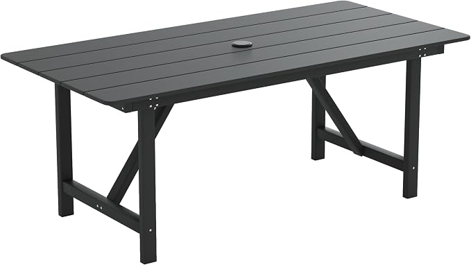 Amopatio HDPE Patio Outdoor Dining Table for 6 All Weather Rectangular Table with Umbrella Hole for Porch Deck Garden Backyard Poolside