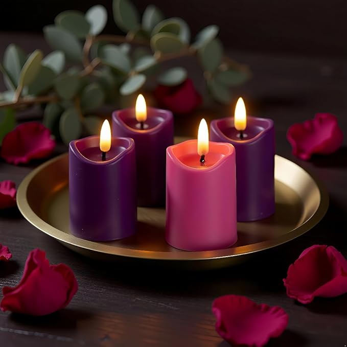 Simplelight Advent Candles, Purple & Pink Flameless Votive Candles with Timer, Advent Wreath with Flameless Candles, Realistic Black Wick, Set of 6-Battery Included (Purple Pink)