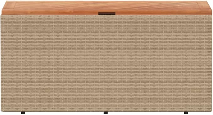 Patio Storage Box with Removable Water-Resistant Bag, Beige Outdoor Furniture Bench 43.3"x19.7"x21.3" PE Rattan & Acacia Wood Dual-Purpose Deck Box for Garden Poolside Storage