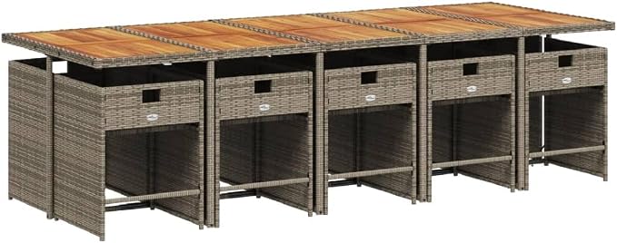 11 Piece Outdoor Dining Set, PE Rattan Patio Furniture with Acacia Wood Tabletop, 10-Seater Grey Garden Table and Chairs with Cushions
