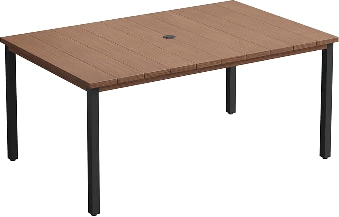 VICLLAX 63" Rectangle Outdoor Dining Table for 6, Patio Table with Umbrella Hole, All Weather Metal Patio Tables, Walnut Tabletop