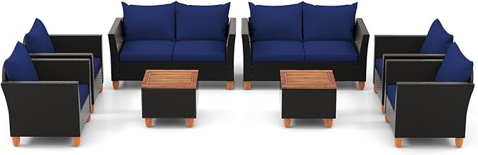 Tangkula 8 Piece Outdoor Conversation Set, Patio Cushioned Chairs w/Storage Coffee Table, Acacia Wood Tabletop & Chair Legs, Patio Wicker Furniture Set for Poolside, Lawn, Porch (2, Navy)