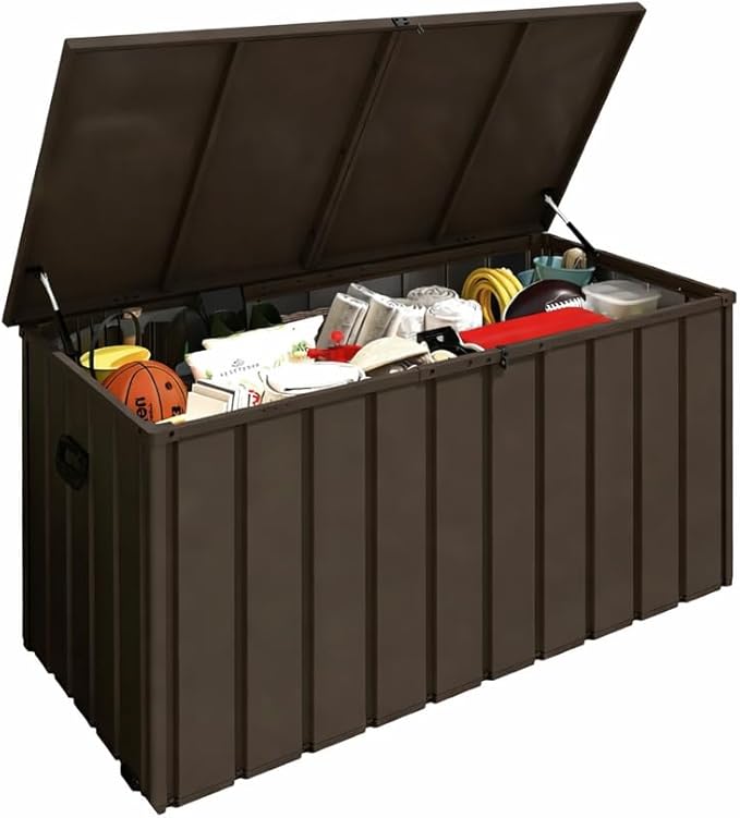 200 Gallon Outdoor Storage Deck Box, Durable Steel Storage Deck Box with Lockable Lids, Large Patio Storage Bin for Indoor Outdoor Use, Throw Pillows & Garden Tools, Dark Brown