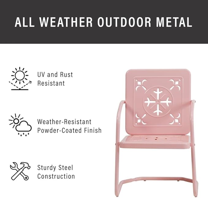 Crosley Furniture Azalea 3-Piece Vintage Outdoor Chair and Side Table Set, Retro Metal Patio Conversation Sets, Pastel Pink Gloss