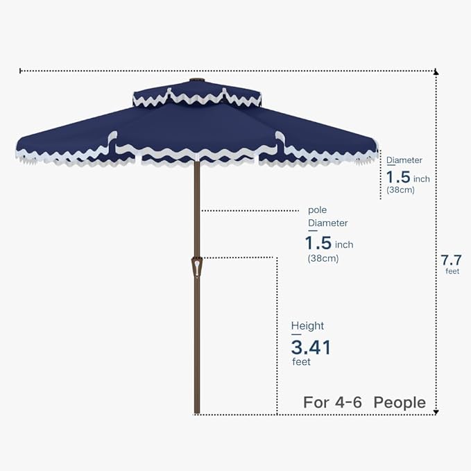 Patiokingdom 9FT Patio Umbrella with Fringe,Tassel Umbrella UPF 50+ & Push-Button Tilt,Rust-Resistant Fiberglass Frame for Pool,Garden,Backyard,Yard (Navy)