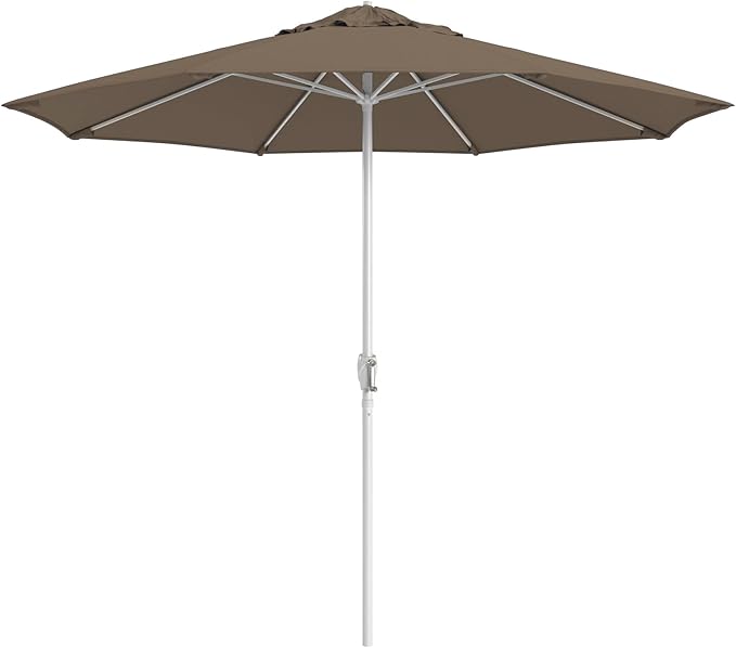 California Umbrella 12-Year Protection 9-Ft Outdoor Patio Umbrella, Sunbrella Fade-Resistant Fabric, Auto-Tilt, Heavy Duty Aluminum Frame, 8 Reinforced Ribs for Pool or Deck, White Pole, Taupe