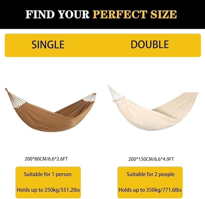 Anti-Rollover Hammock with Wooden Arc Pole, Camping Portable Hanging Bed with Carabiner, Relaxation, Load Bearing 250kg/350kg(Brown,6.6 * 2.6ft)