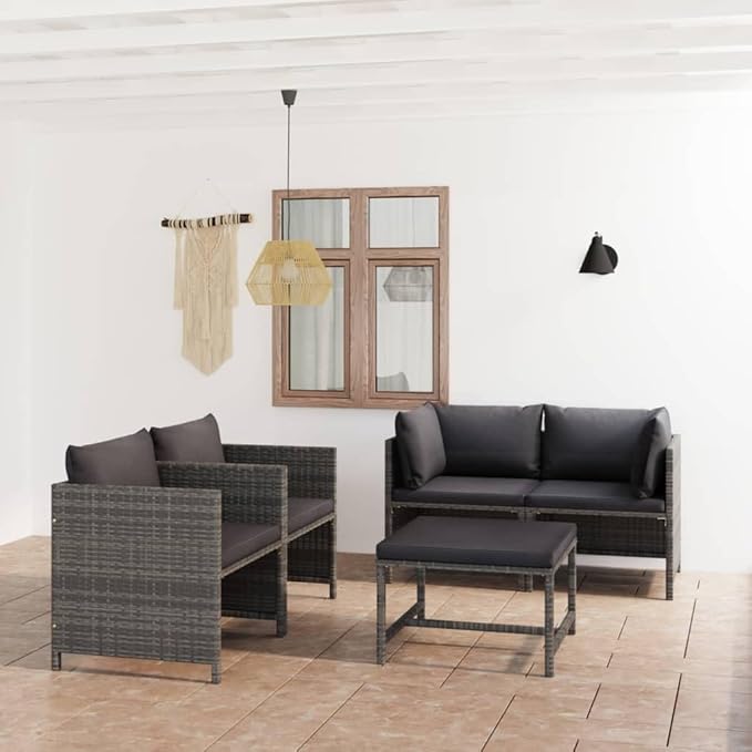 5-Piece Grey PE Rattan Patio Set, Modular Sectional 23.6"x23.6"x12.6", Steel Frame, Outdoor Furniture for Deck/Garden/Sunroom