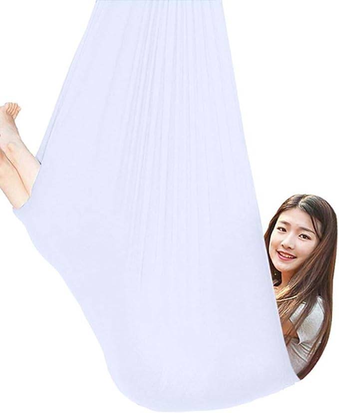 360° Rotating Elastic Aerial Yoga Hammock Outdoor Indoor Swings Aerial Yoga Sensory Therapy Cuddle Swing Soft Elastic Parcel Steady Seat Swing (Color : White, Size : 150x280cm)