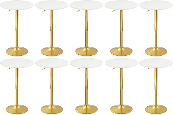 CLATINA Round Bar Pub Tables Set of 10, 26"-36" Height Adjustable Bistro Table with Gold Base, 360° Swivel High Top Cocktail Table for Home Kitchen Party Drink Restaurant Wedding Cafe Reception, White