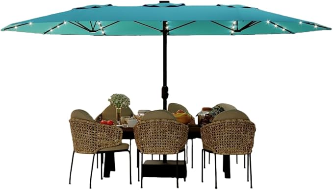 Garvee 15 ft Rectangular Patio Umbrella with Solar Lights & Base Included - Large Patio Umbrella with Crank Handle 36 LED Lights, UV Protection for Outdoor Market, Backyard, Deck, Pool, Misty Blue