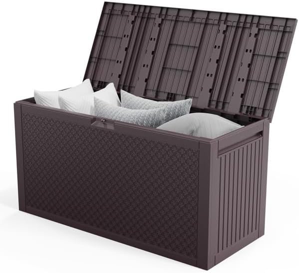 90gal Outdoor Garden Plastic Storage Deck Box Tools Lockable Seat (Brown)