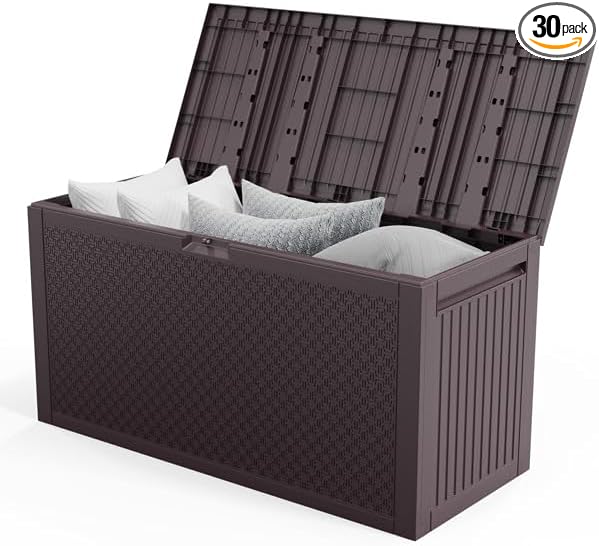 90gal Outdoor Garden Plastic Storage Deck Box Tools Lockable Seat (Brown)