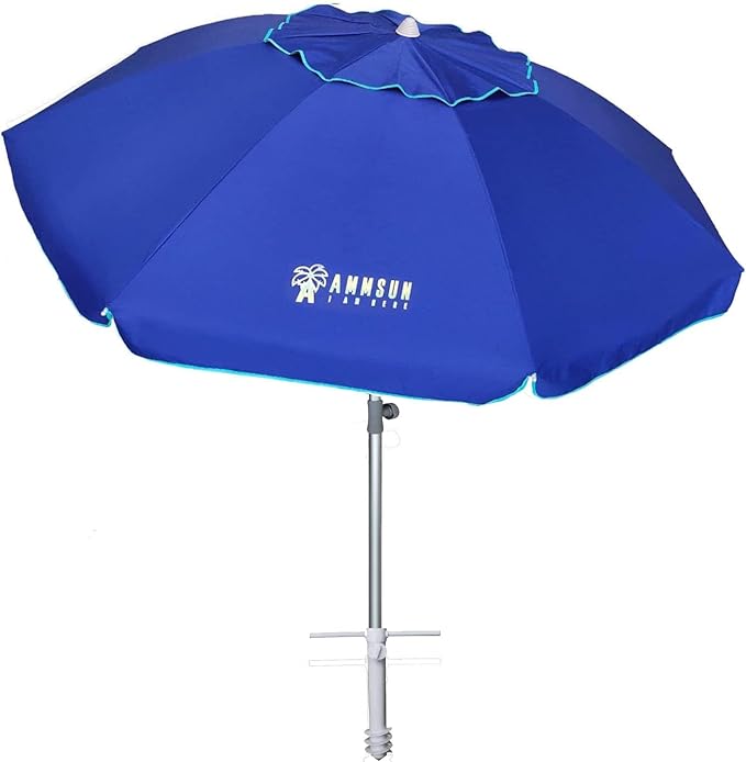 AMMSUN 7ft Heavy Duty HIGH Wind Beach Umbrella with sand anchor & Tilt pole Sun Shelter, UV 50+ Protection Outdoor Sunshade Umbrella with Carry Bag for Patio Garden Beach Pool Backyard Blue